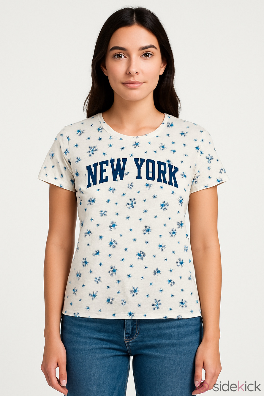 Vinyl Threads White Short-Sleeve Tee with Navy Floral Print and 'New York'